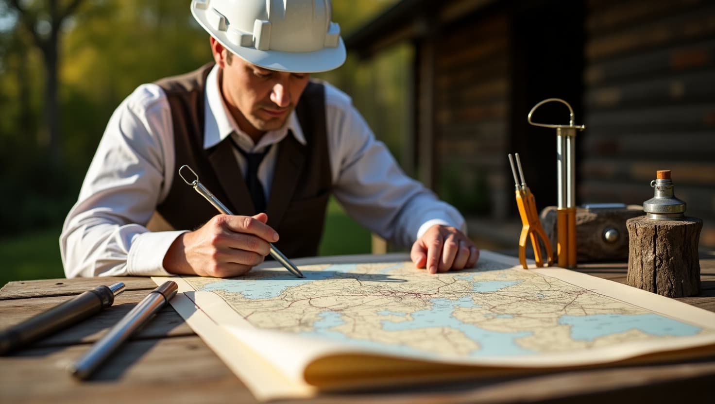 Agrimensura examinando mapa